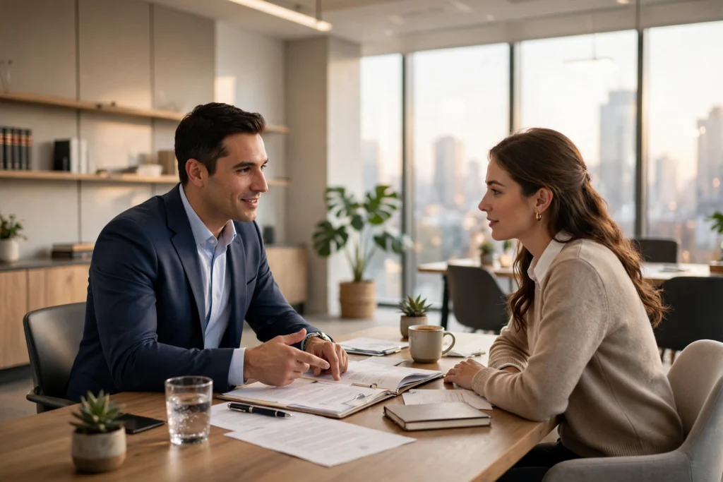 Lawyer consulting with a client in a modern Toronto law office