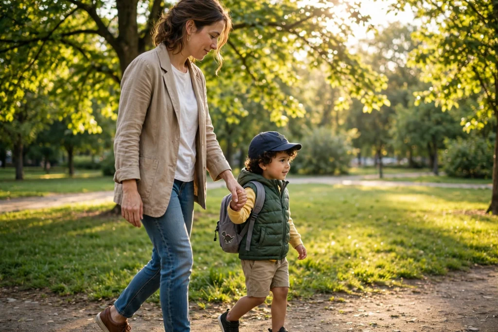 Parent holding a child's hand in a park